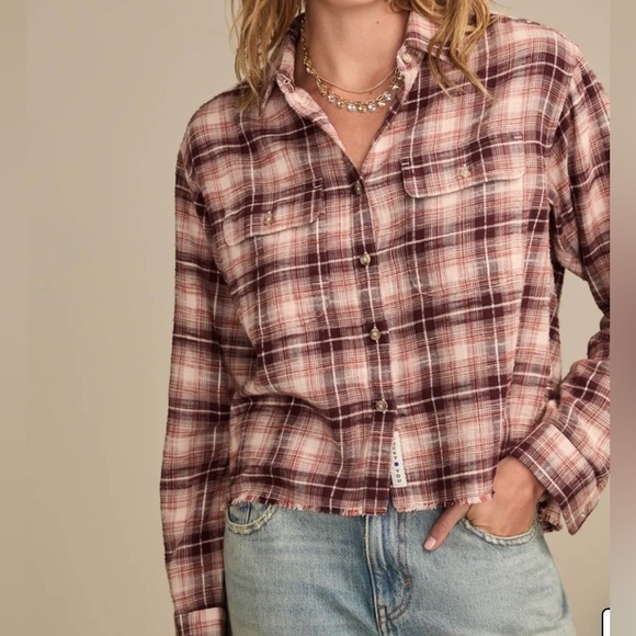 Lucky Brand Burgundy and White Plaid Shirt Women’s Size large - Picture 1 of 6